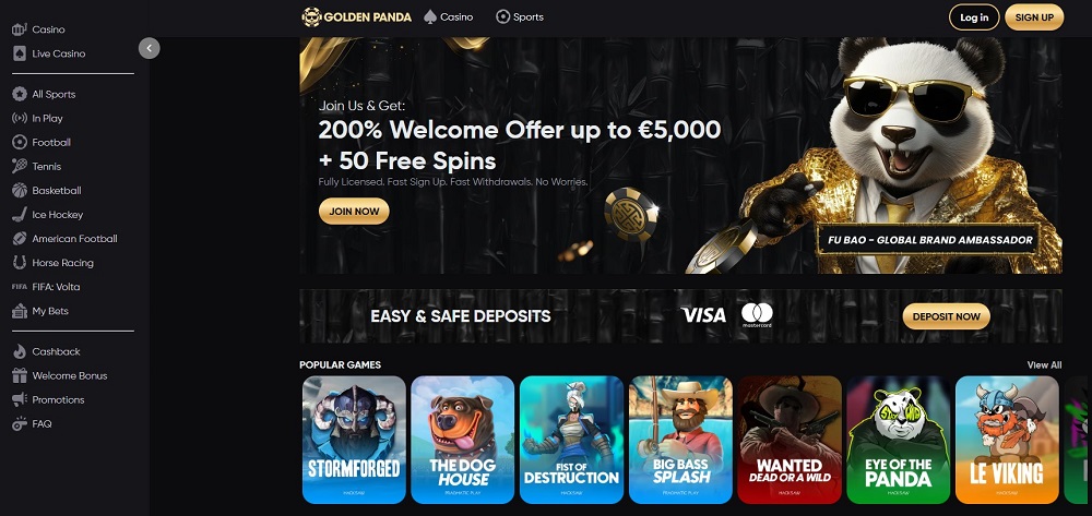 Golden Panda offshore sportsbook branding with odds boosts and global sports betting access.