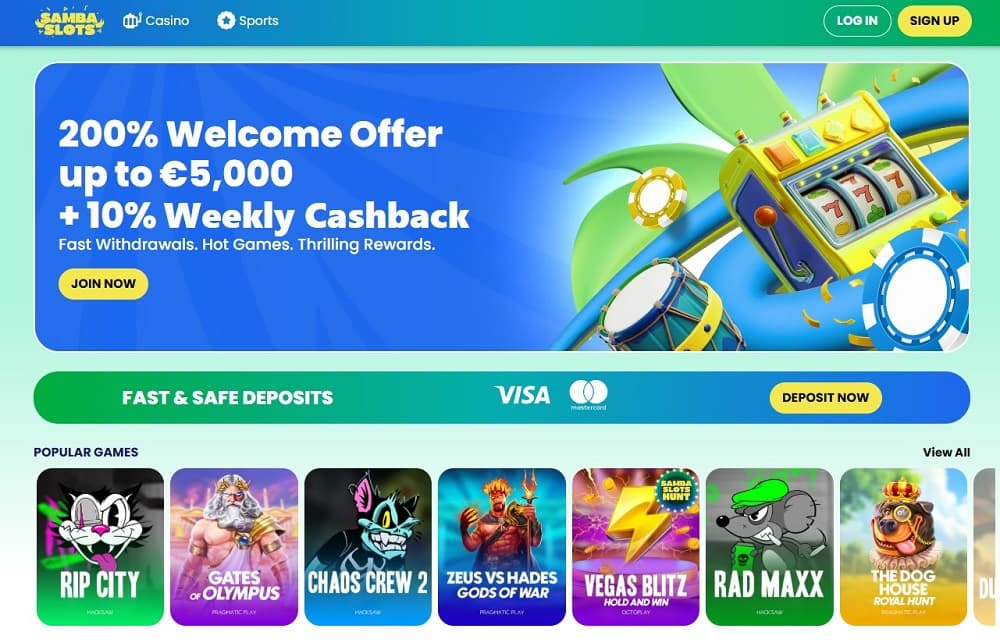 Samba Slots offshore sportsbook interface with bet builder and live sports betting.